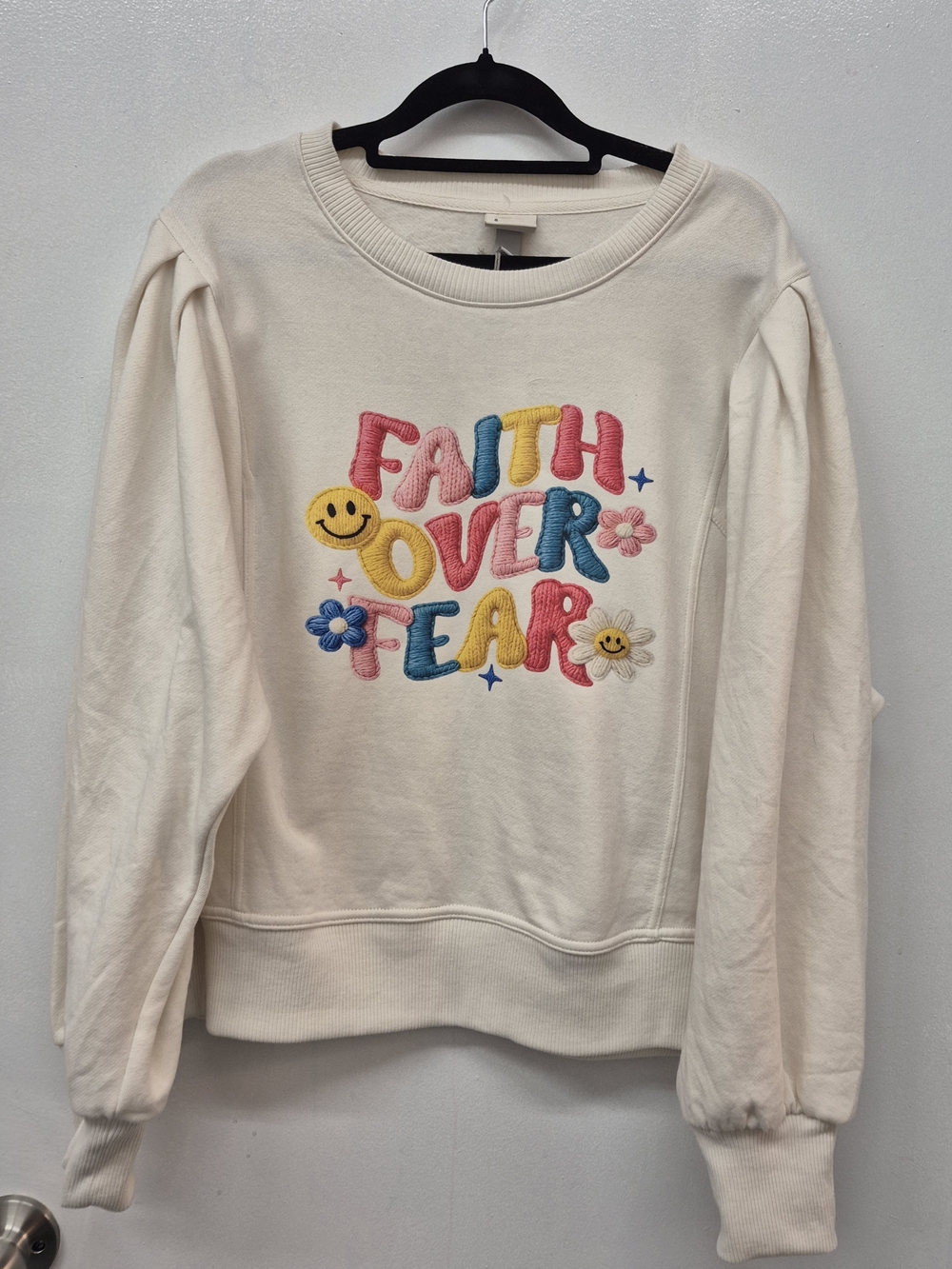 a new day Cream Sweatshirt "Faith Over Fear" Colorful Custom Design Large